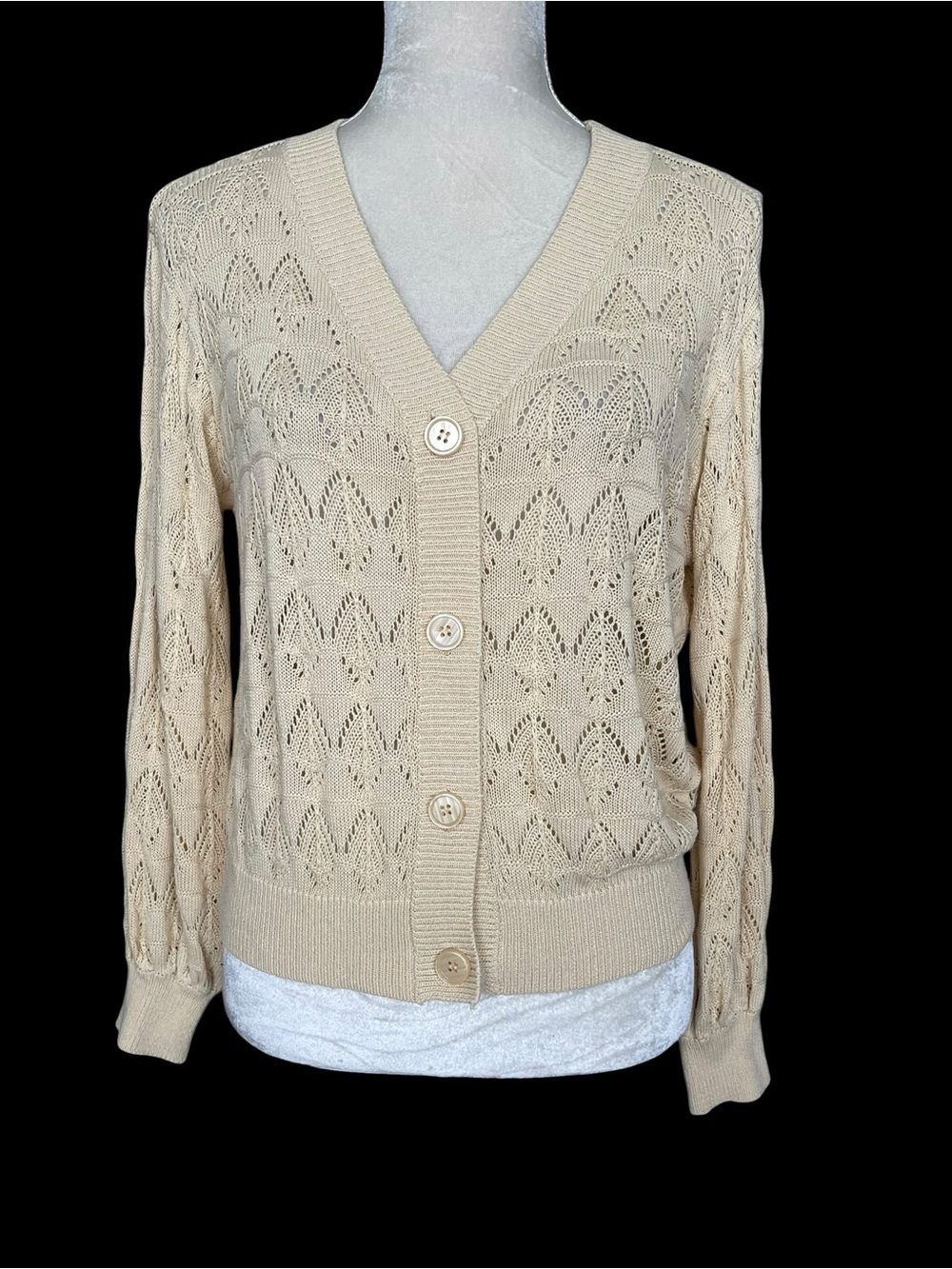 Cream Open Knit Cardigan Sweater Women’s Size S Bubble Sleeves